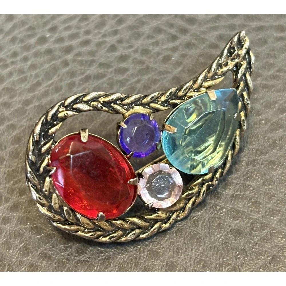 Vintage Paisley Brooch Pin Red Purple Blue Pink Chunky Rhinestones 80s Runway